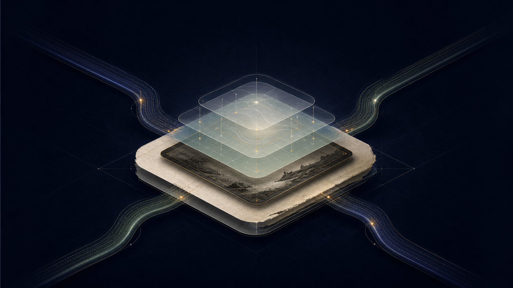 Layered archival record with four controlled pathways entering from the surrounding field