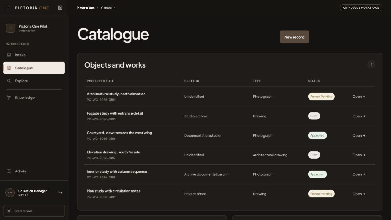 Pictoria One Catalogue workspace showing synthetic records with technical identifiers and workflow states